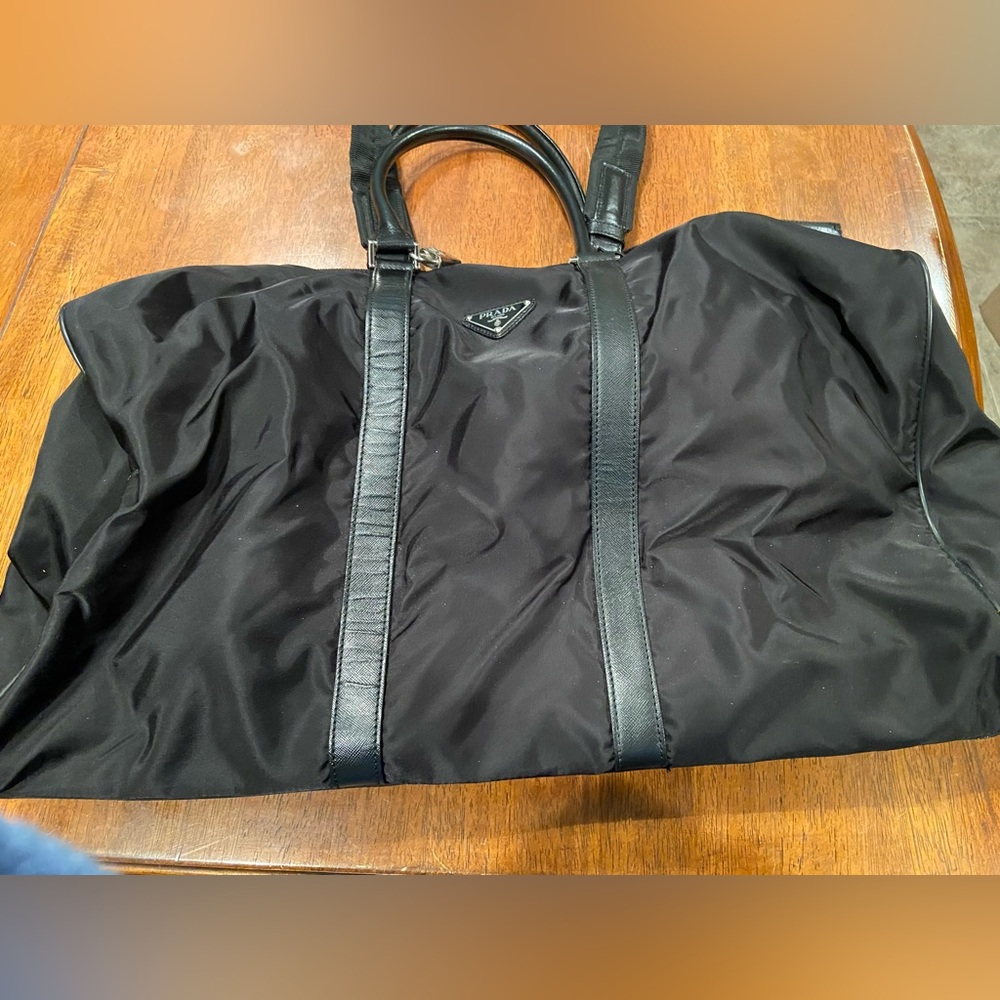 Prada Nylon Leather Straps Black Duffle Bag
